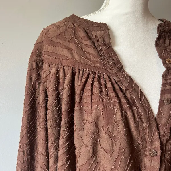 Free People Brown Button Up Dramatic Blouse Boho Oversized Size Large - Image 3