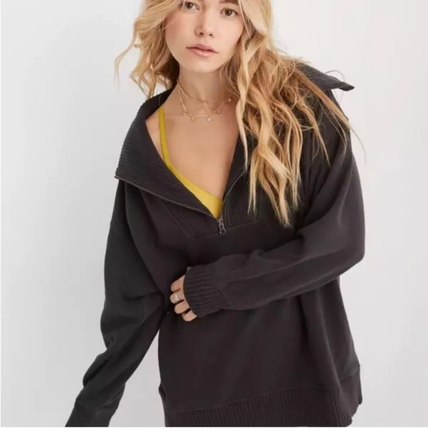 Aerie Down To Earth half zipper pullover sweatshirt ribbed charcoal oversized - Image 2