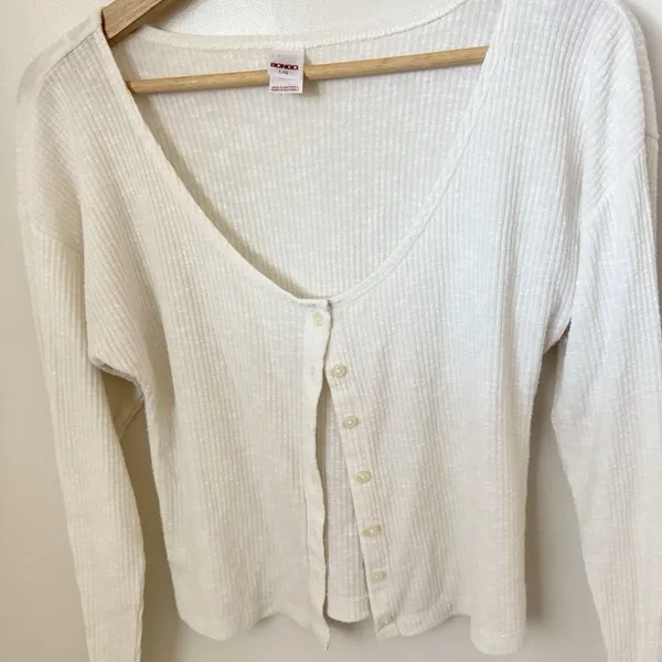 Bongo Cardigan Cropped Button Cream Long Sleeve Preppy Grunge Sweater Top Lg - Image 5