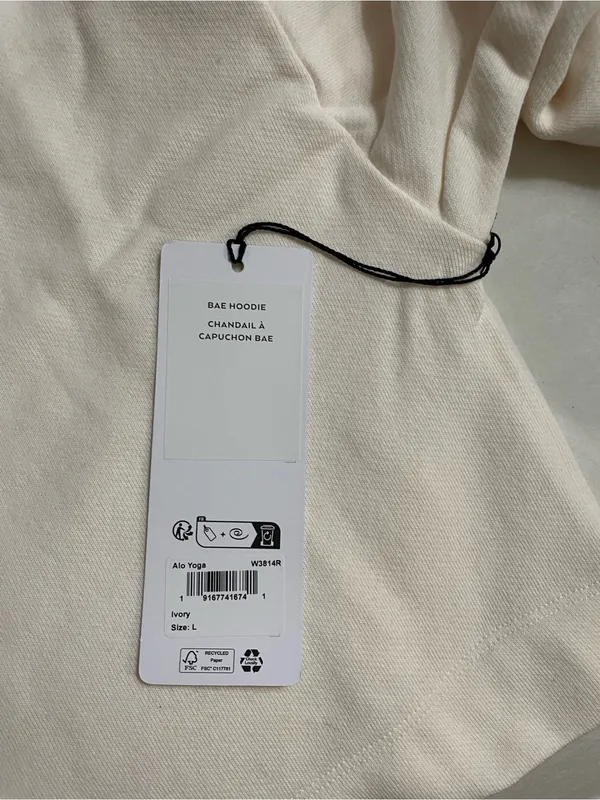 Alo NWT Bae Hoodie Ivory Cream Cropped Pullover Sweatshirt Size L - Image 9