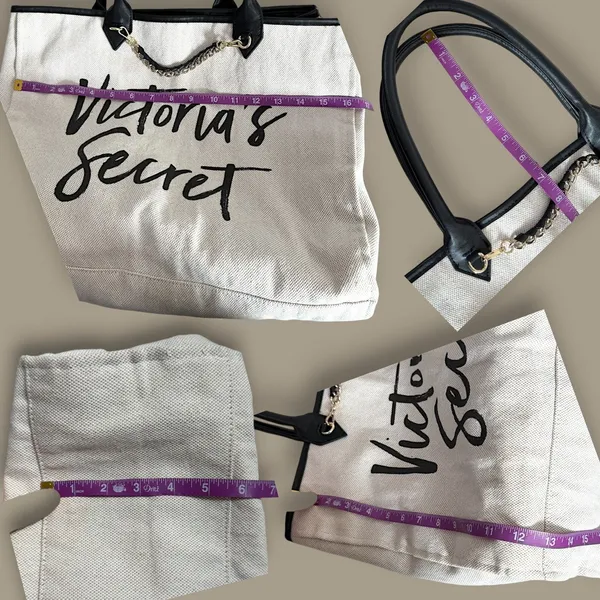 Victoria's Secret 2017 Beige Canvas Tote | Script Logo & Chain - Image 5