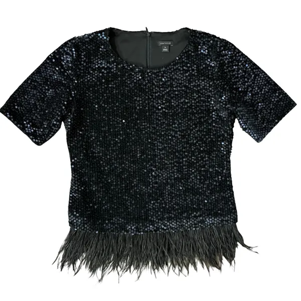 Ann Taylor Black Sequin Short Sleeve Feather Trim Round Neck Shirt Top Size XS - Image 10