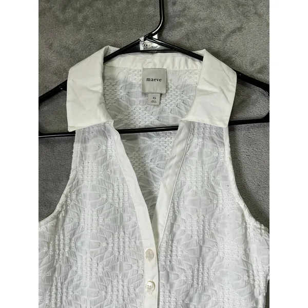 Maeve Halter Collared Ruched Tank Top Women’s XS Ivory Textured Button Front - Image 2