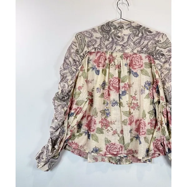 Free People Womens Beige Maraya Floral Paisley Puff Sleeve Blouse Boho Small - Image 9