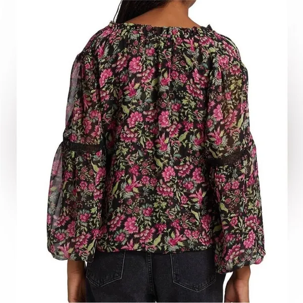 Misa Los Angeles Alicia Floral Coquette Prairie Blouse Vneck Ties Pink Black L - Image 4