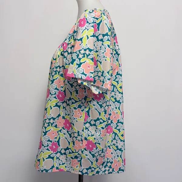 Jodifl Floral Babydoll Blouse M Teal Pink Orange Short Sleeve Boho Spring - Image 3