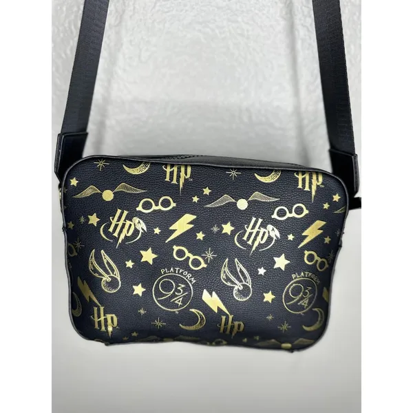 NEW Harry Potter Crossbody Bag Adults Small Black Faux Leather Logo Gold Icons - Image 6