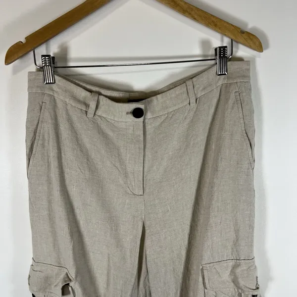 Massimo Dutti Linen Blend Tan Cargo Leg Sz 10 Pants‎ High Waist Resort Vacation - Image 3