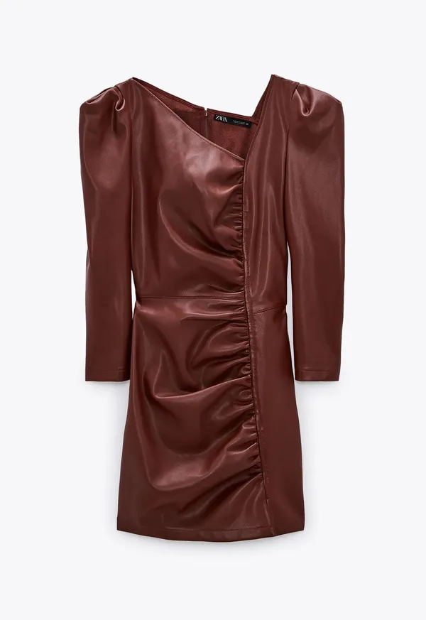ZARA NWT Faux Leather Maroon Asymmetric Mini Dress - Image 4