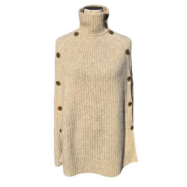 J. Crew NWT Ribbed Turtleneck Button Side Poncho Sweater Oatmeal‎ H3638 S/M - Image 2