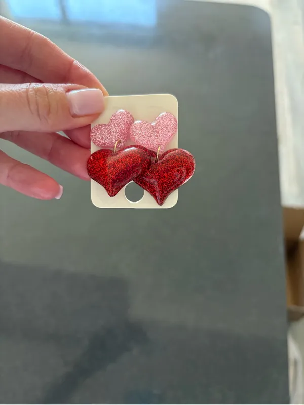 Pink and Red Heart Drop Earrings - Image 3
