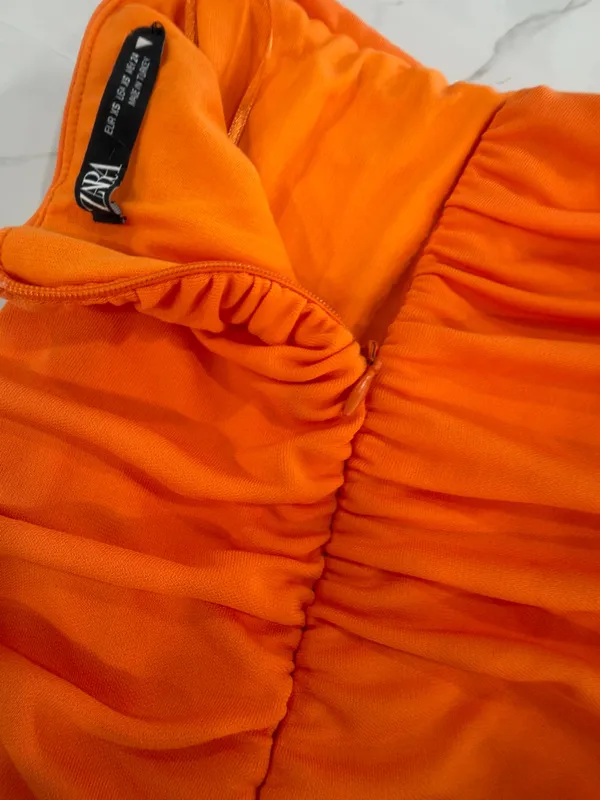 Zara Bright Orange Backless Halter Ruched Mini Dress - Image 10