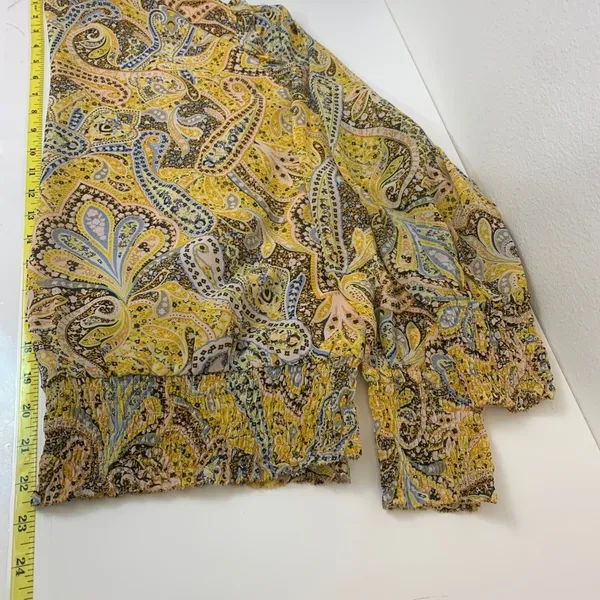 Ann Taylor Womens M Yellow Paisley Smocked Hem Wrap V-Neck Blouse Long Sleeve - Image 5