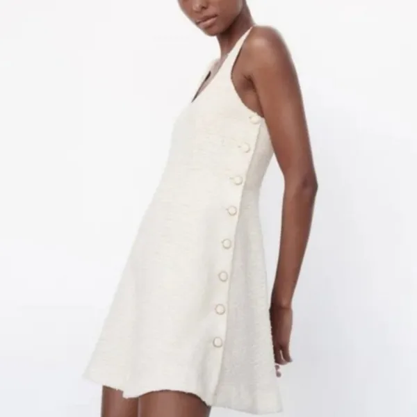 ZARA Womens White Tweed Scoop Neck Button Mini Dress Preppy Structured Chic Sz M - Image 2