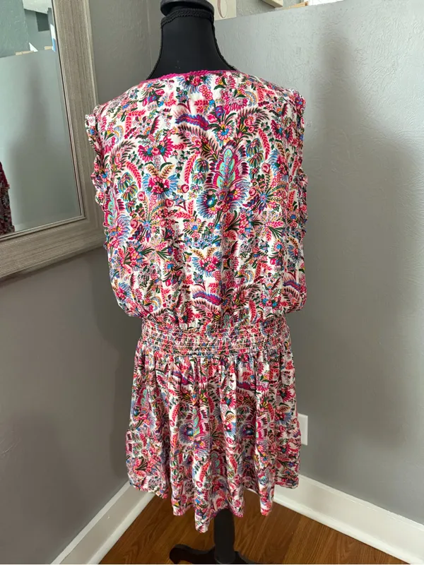 Natural Life Lyla Pink Palms Smocked Waist Tiered Mini Dress Cottagecore XL - Image 5
