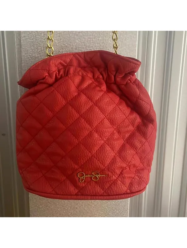 Jessica Simpson Tomato Red Quilted Bucket Bag Purse Adjustable Strap Statement - Image 2