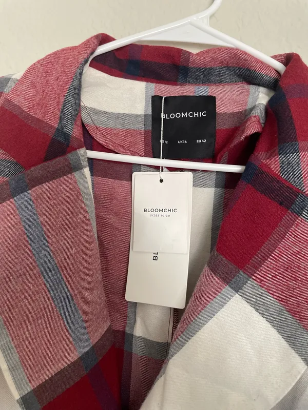 BloomChic Plaid Double-Breasted Blazer Jacket Burgundy Red White Size 12 NWT - Image 3