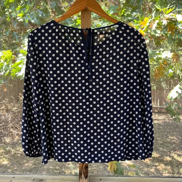 J.Crew Women's Navy & White Polka Dot 100% Silk Blouse Size L - Image 2