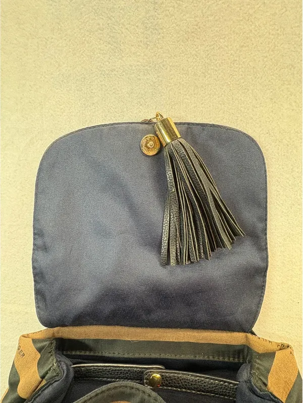 Tommy Hilfiger Striped Backpack Purse Brown Black Tassel Gold Tone - Image 5