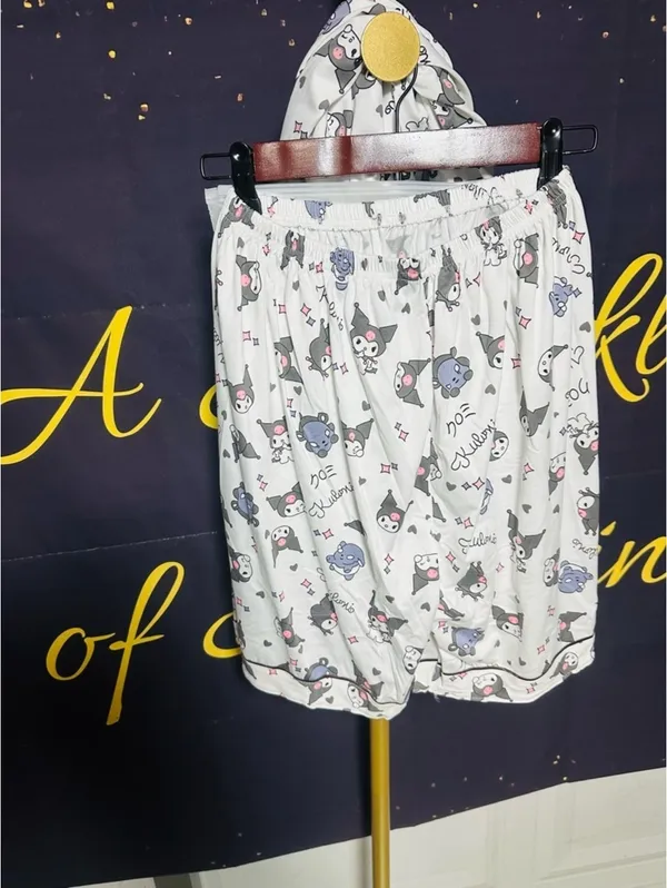 Kumari Womens Large 3 Piece Pajama Set Cat Print Button Top Shorts Pants PJs - Image 5