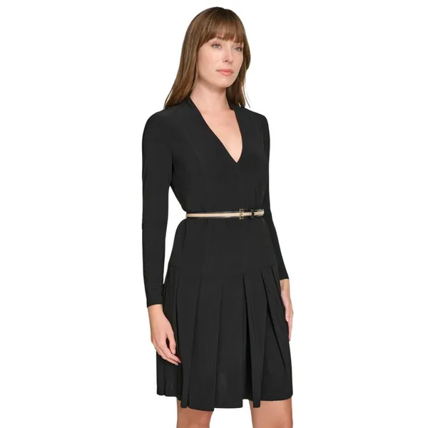 NWT Tommy Hilfiger Pleated V Neck Fit Flare Long Sleeved Knit Midi Dress Black 4 - Image 4