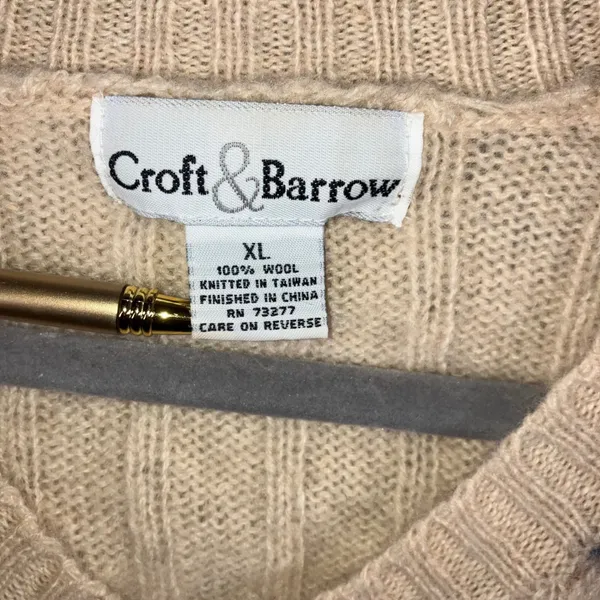 Vtg Croft & Barrow‎ Sweater Women XL 100% Wool Knit Zip Front Striped Beige - Image 9