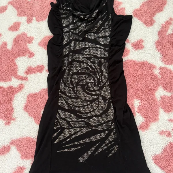 Y2K Inspired Black Ruched Bodycon Mini Dress – Sheer Mesh Metallic Rose Detail (Size S) - Image 2