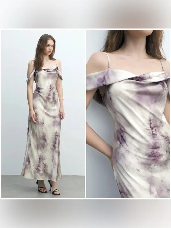NWT- ZARA Satin Tie-Dye Maxi Slip Dress Off Shoulder Purple Cream Sz XL - Image 3