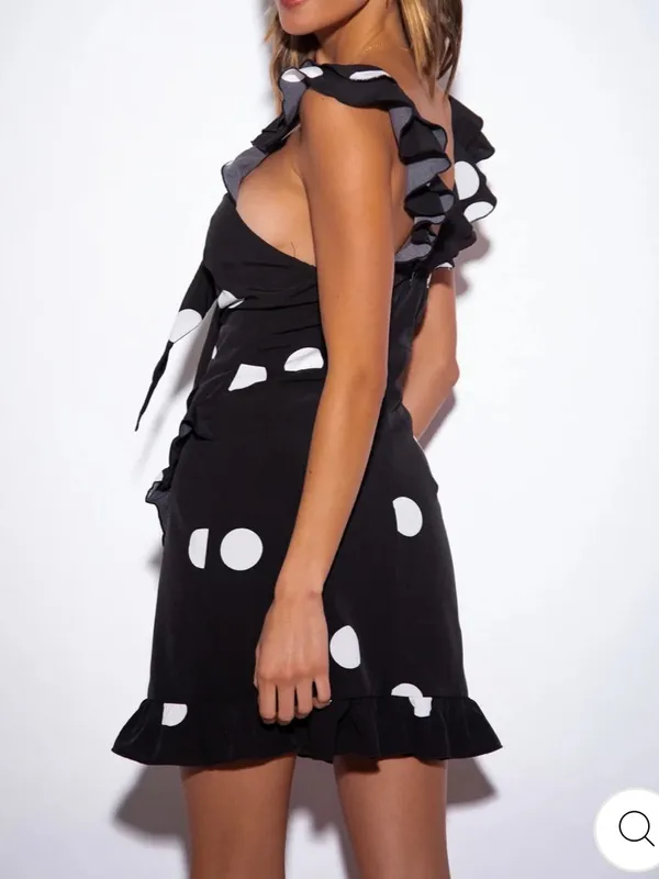 SNDYS. Morocco Mini Dress Black White Polka Dot Front Tie Cutout - Image 10
