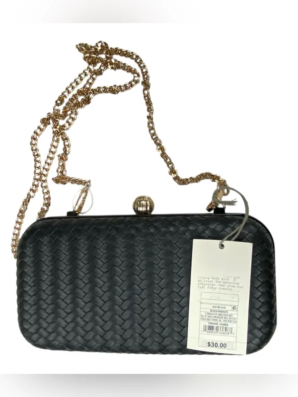 A New Day Black Woven Clutch Crossbody Bag Gold Chain Evening Purse Wedding - Image 3
