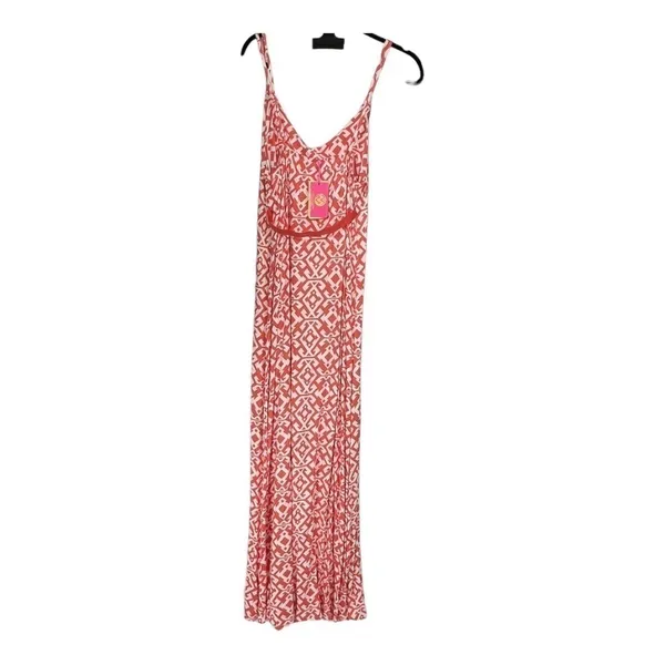 Macbeth Collection‎ Orange White Geometric Print Sleeveless V-Neck Maxi Dress L - Image 2