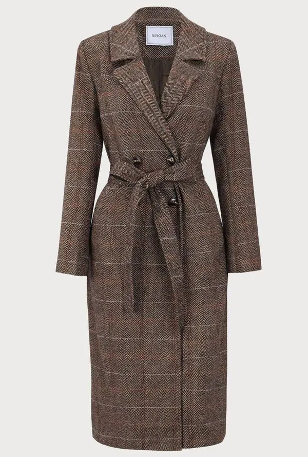 Rihoas Coffee Lapel Belted Double Breasted Coat Brown Size M - Image 7