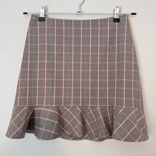 Sunday Best Aritzia Ruffe Trim Side Zip Mini Skirt Tan Glen Check Plaid 6 - Image 2