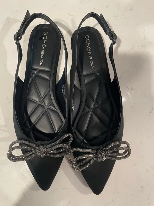 BCBGeneration Black Pointed Slingback Flats with Beaded Bow Accent - Image 2