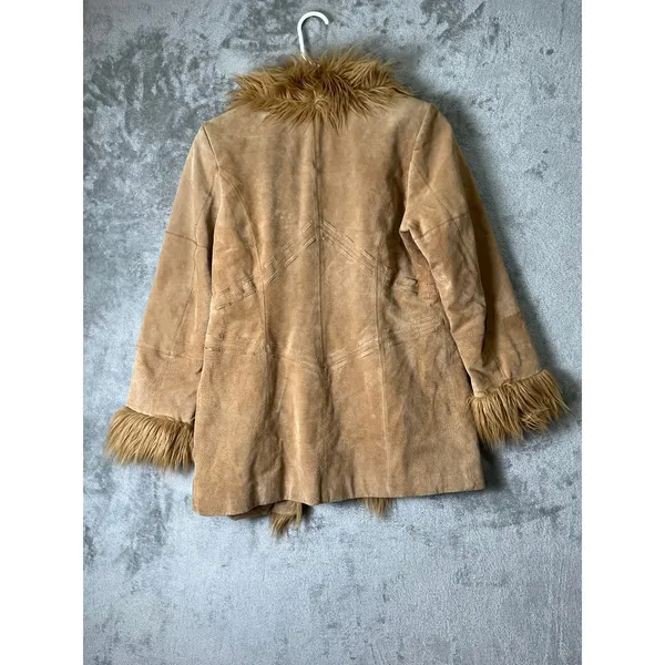 Vintage Penny Lane Leather Coat Faux Fur Y2K Hippie M Petite Boho Chic Festival - Image 3