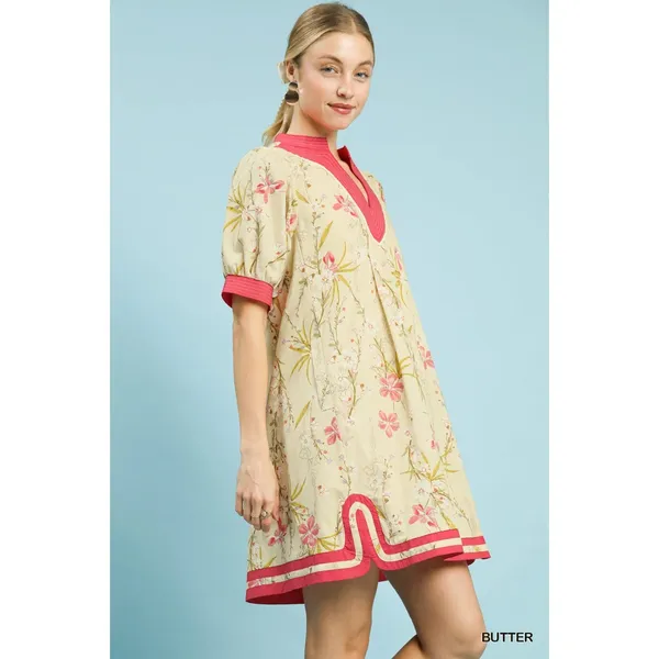 Umgee Floral Puff Sleeve Dress with‎ Contrast Trim - Butter - Small - Image 4