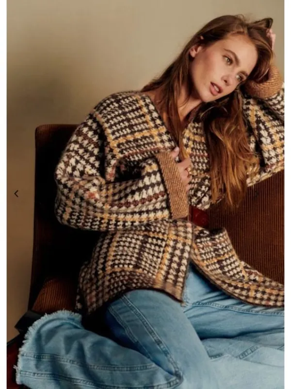 Sézane NWT Oscar wool Jacket cardigan brown houndstooth open front SZ2 fit M L - Image 2