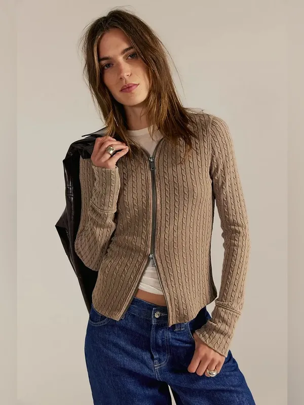 Free People Brunch Girl Up Zip Up in Dusted Cocoa S - Image 3