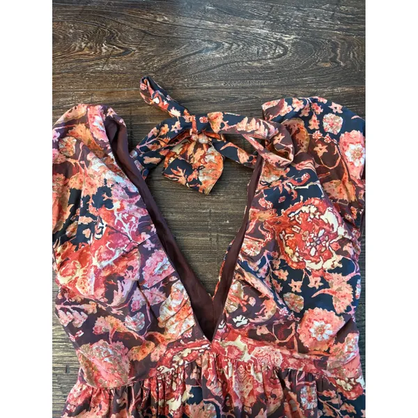 Anthropologie Printed Tie V-Neck Babydoll Dress Womens‎ Size 2 Rust Floral - Image 6
