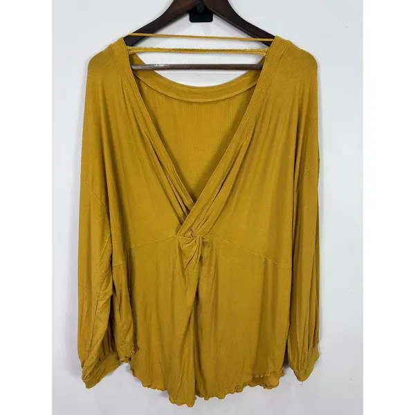 Free People Ribbed Twist Back Top Womens Medium Mustard Yellow Boho Whimsical - Image 2