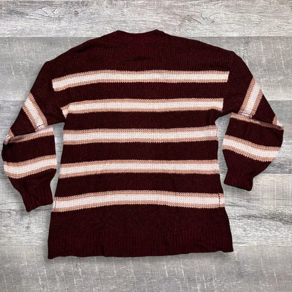 American Eagle Waffle Knit Tunic Sweater Women S Burgundy Striped V Neck Relaxed - Image 2
