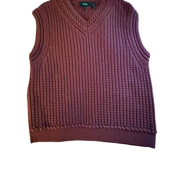 Theory Sweater Vest Womens Size S Plum Cable Knit Pullover Heavy Cotton V-Neck - Image 7