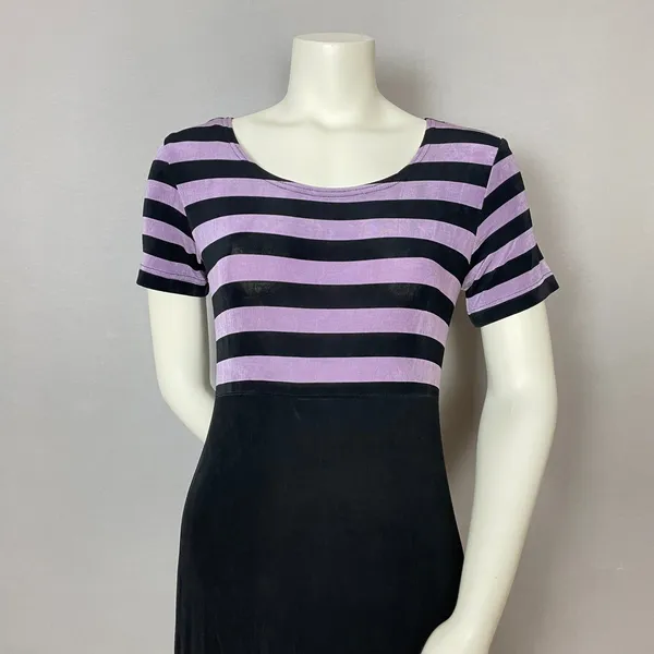 Vintage Slinky Dress 90s Stripes Empire Waist Short Sleeves Stretchy Maxi Retro - Image 4