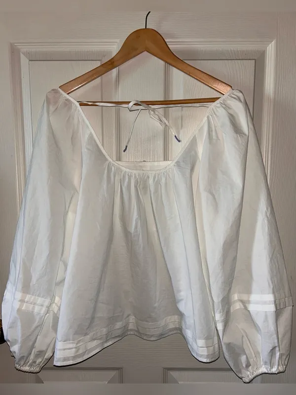 Boho-Chic Cottage Babydoll Peasant Top w/Puff Sleeves Pintuck Buttons Fairycore Sz S Ivory Cotton - Image 2