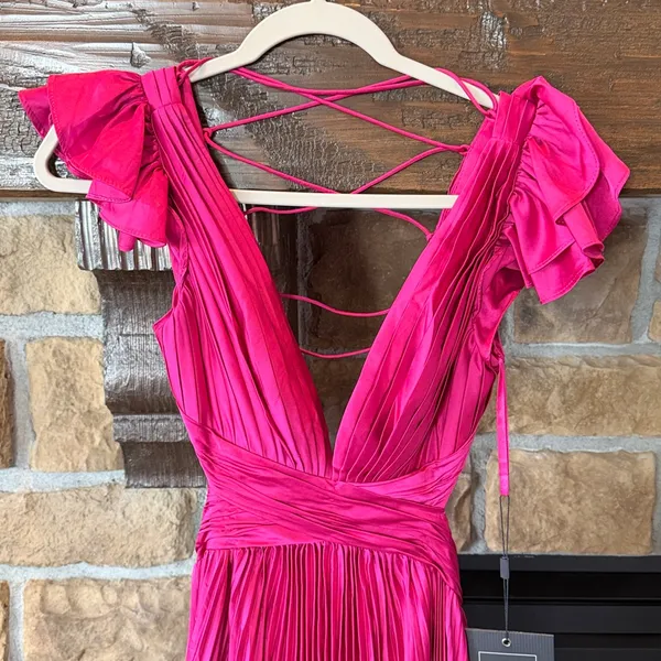Mac Duggal Pleated Ruffle Cap Sleeve Cut Out Lace Up Gown NWT - Image 4