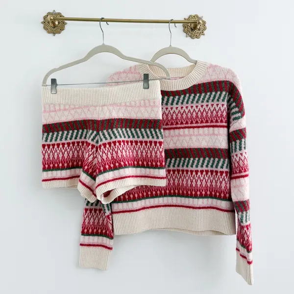 Pink Lily Cream Multi Fair Isle Knit Sweater Short Set - Image 2