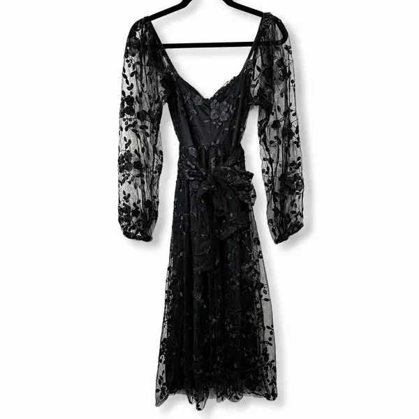 NEW Lulus Darling Charisma Black Mesh Embroidered Balloon Sleeves Midi Dress XS - Image 8