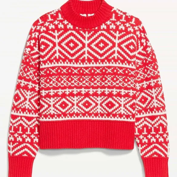 Old Navy SoSoft Fair Isle Mock Neck Sweater Red White Women’s L Holiday - Image 4