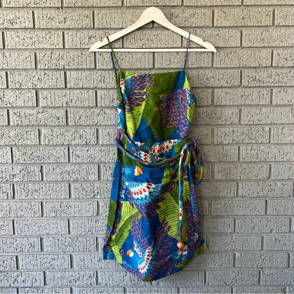 NWT Farm Rio Blue Macaw Mini Wrap Dress Size XS Short Vacation Tropical Cruise - Image 3