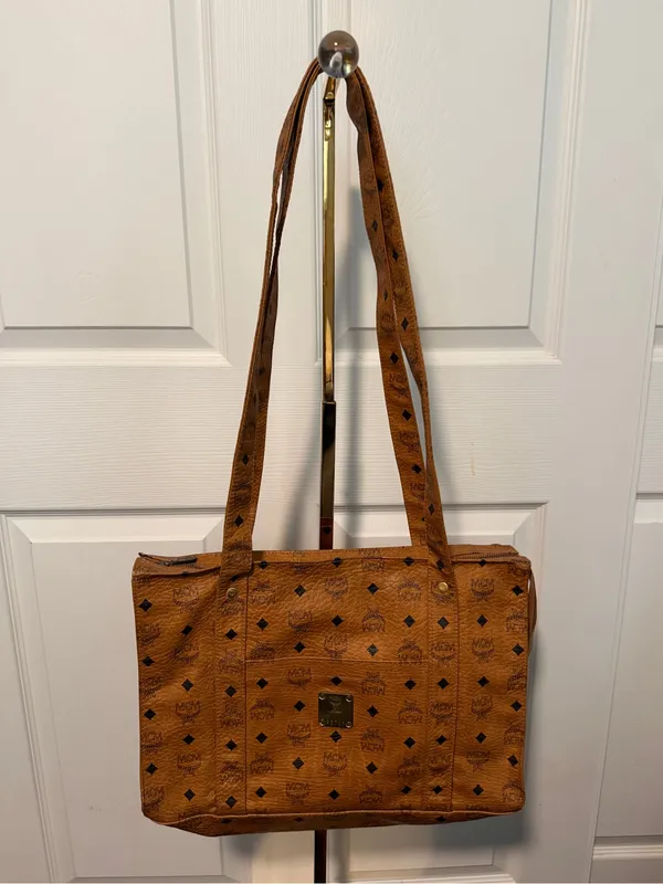 MCM Long Strap Leather Tote Bag Purse Brown Cognac Vintage‎ Authentic - Image 8